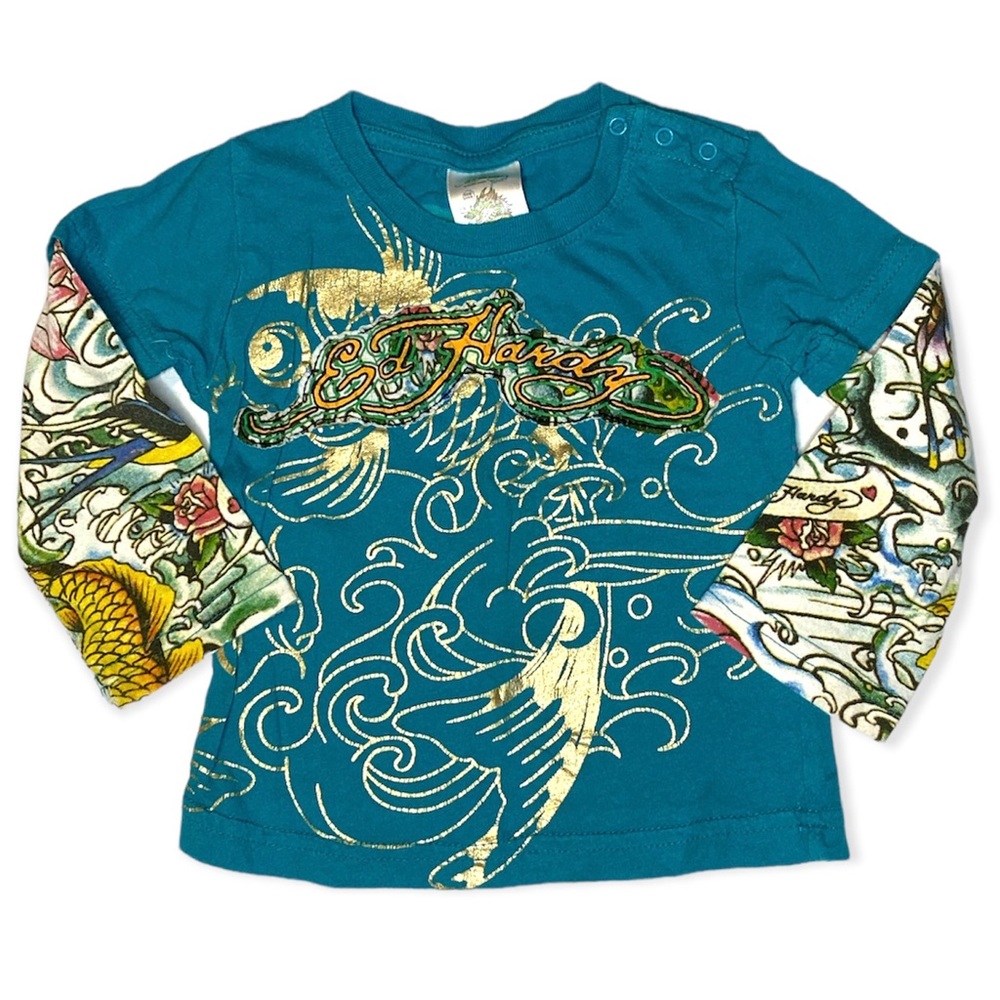 Ed Hardy Baby Teal All Over Tattoo Print Long Sleeve shirt Sz 12-18m